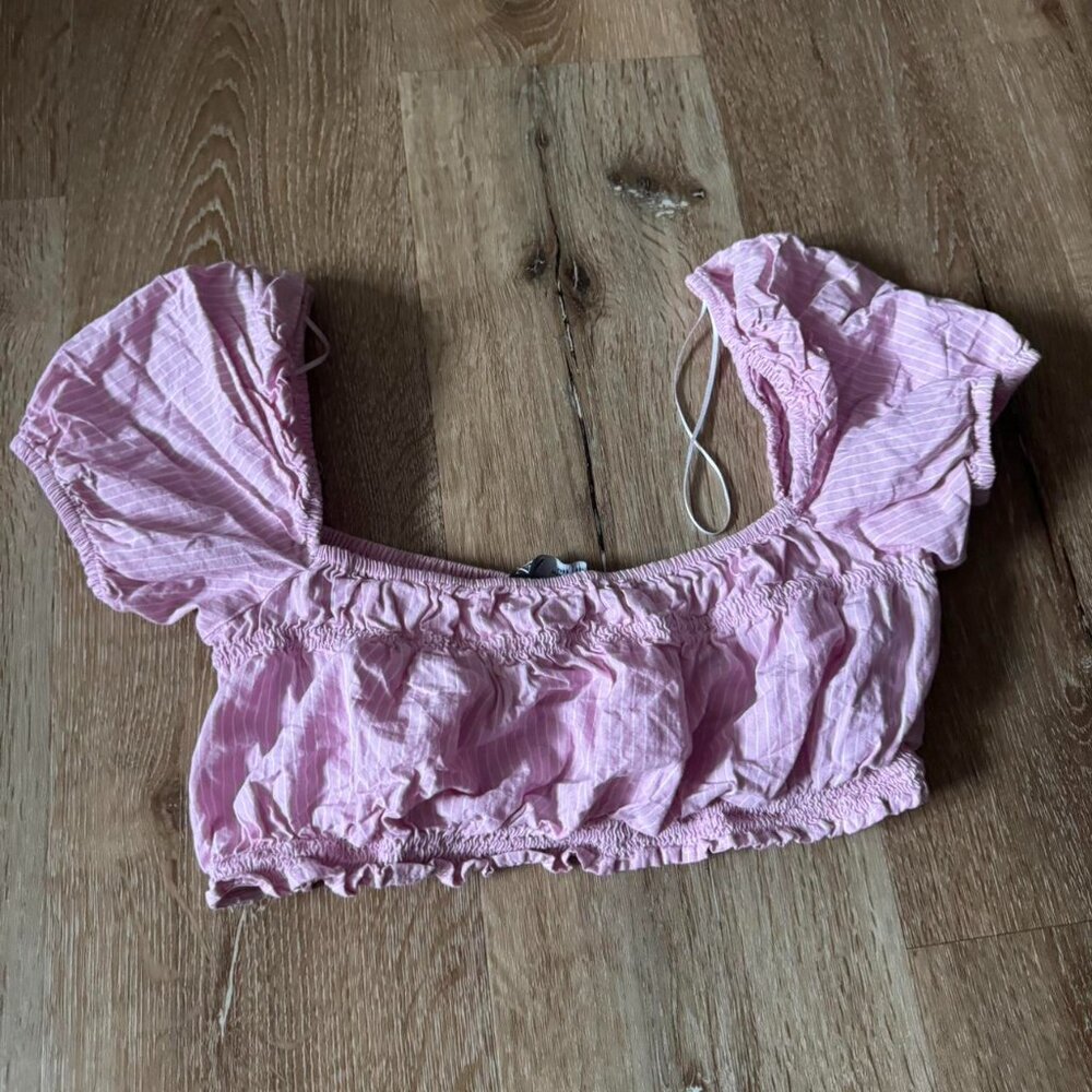 Zara pink and white striped smocked crop top bra size small